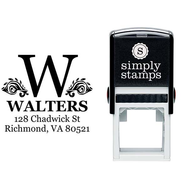 Artistic Floral Accented Bold Monogram Return Address Stamp Body and Design