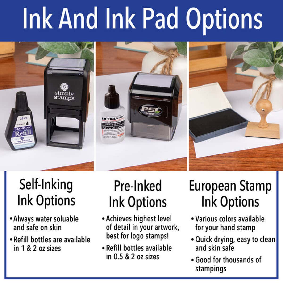 Ink pad options for for self inking, pre inked, and hand stamp bodies