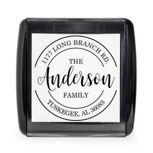 Overhead view of the Anderson Round Return Address Stamp self-inking stamp