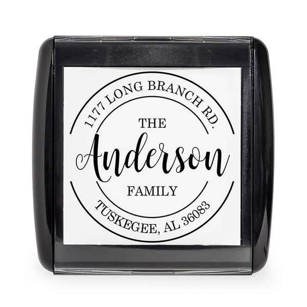 Overhead view of the Anderson Round Return Address Stamp self-inking stamp