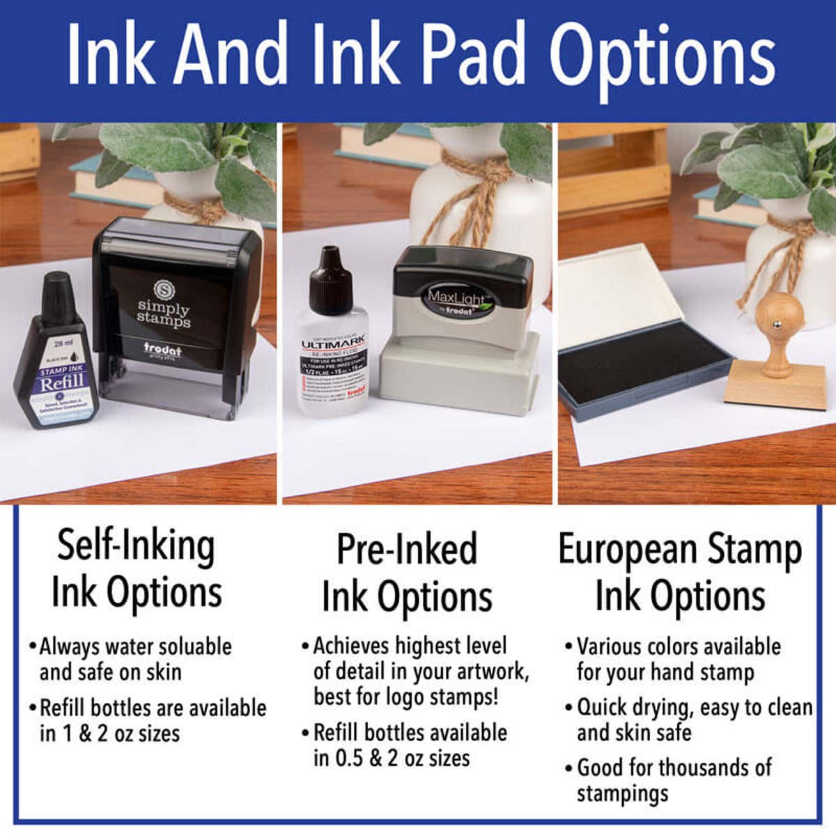 Ink pad options for for self inking, pre inked, and hand stamp bodies