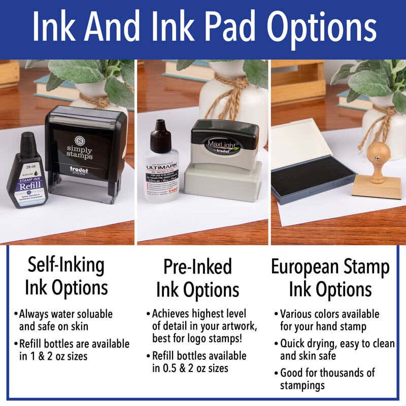 Ink pad options for for self inking, pre inked, and hand stamp bodies