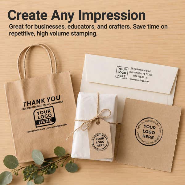 Graphic showing that any logo or artwork can be reproduced on the 4 Corner Deco Border Logo Stamp