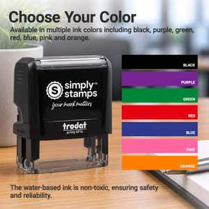 Self-inking color options for the address stamp: black, purple, green, red, blue, pink, and orange