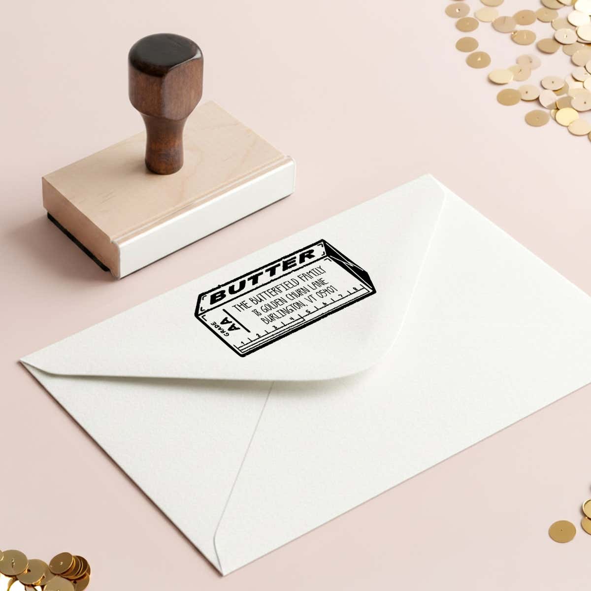 Stick of Butter Return Address Stamp – stamped impression lifestyle photo