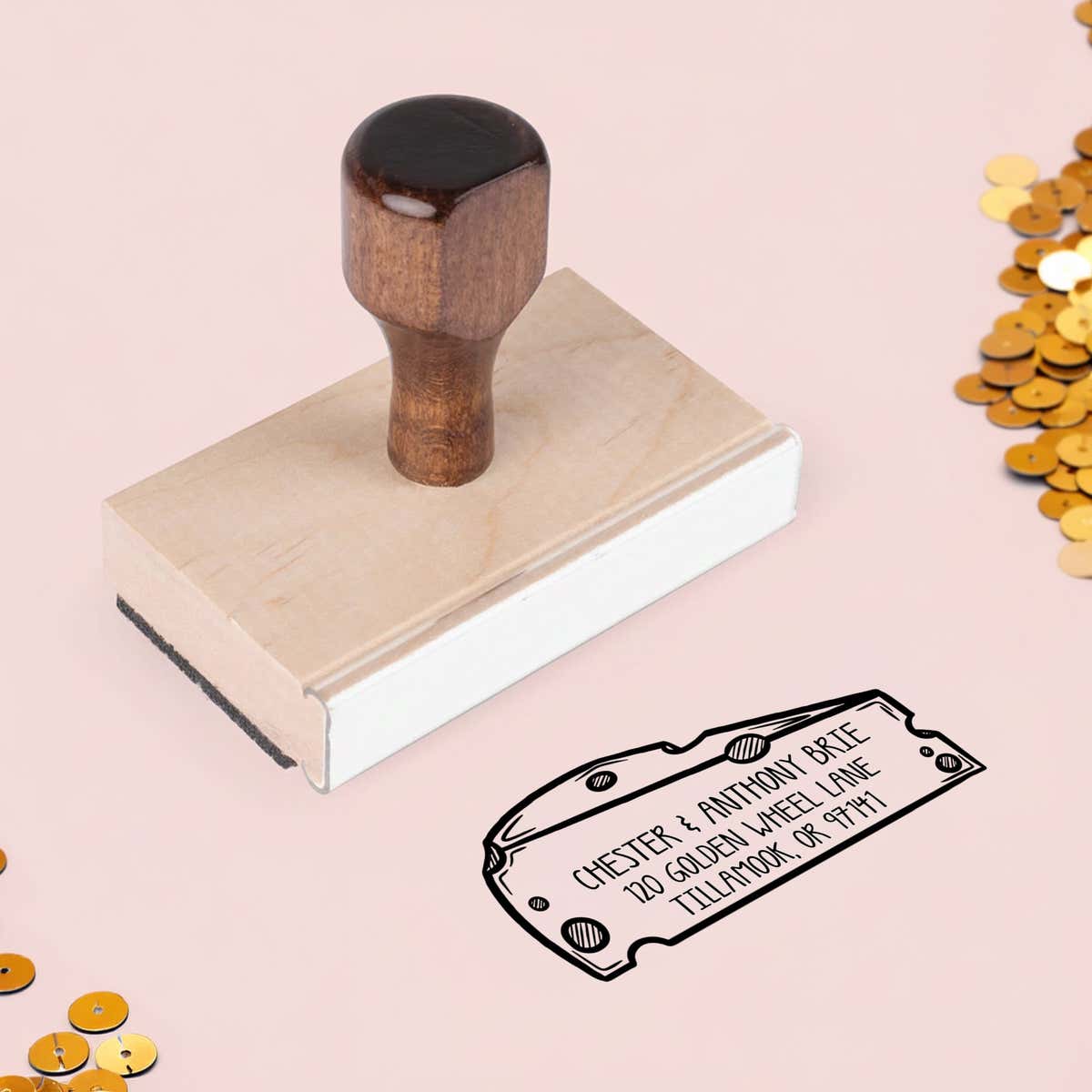 Cheese Wedge Return Address Stamp – wood handle stamp on Salt & Paper pink background