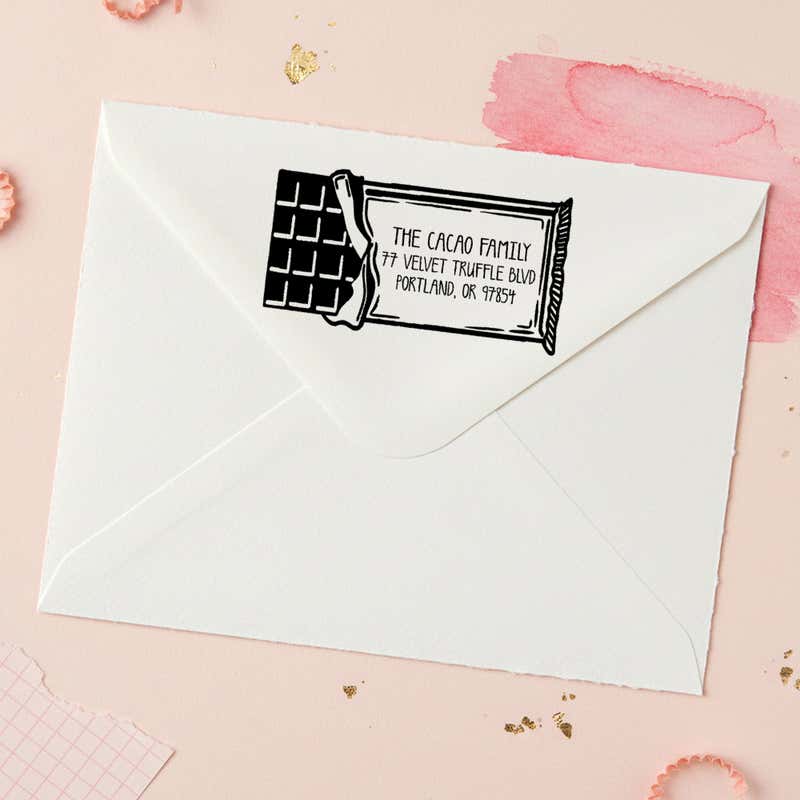 Chocolate Bar Return Address Stamp – stamped impression lifestyle photo