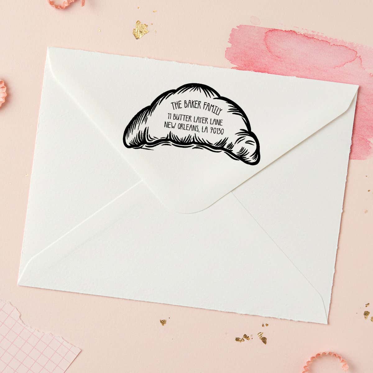 Croissant Return Address Stamp – stamped impression lifestyle photo
