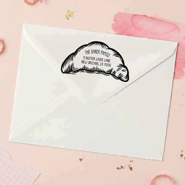 Croissant Return Address Stamp – stamped impression lifestyle photo