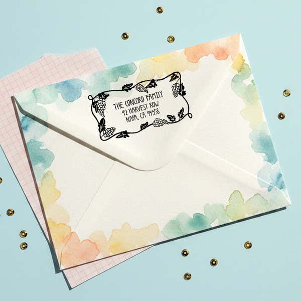 Grapevine Return Address Stamp – stamped impression lifestyle photo