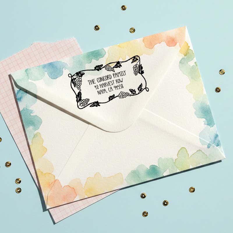 Grapevine Return Address Stamp – stamped impression lifestyle photo