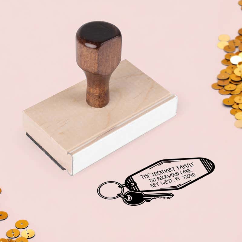 House Key Return Address Stamp – wood handle stamp on Salt & Paper pink background