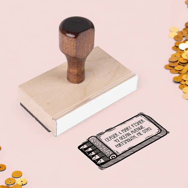 Sardine Tin Return Address Stamp – wood handle stamp on Salt & Paper pink background