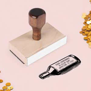 Wine Bottle Return Address Stamp – wood handle stamp on Salt & Paper pink background