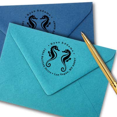Round Twin Seahorse Silhouette Custom Address Stamp - alternate view