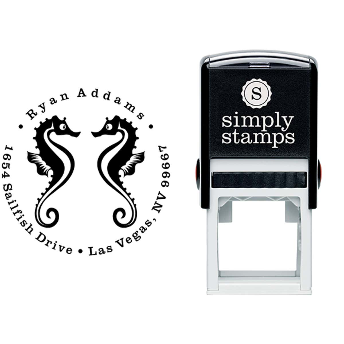 Round Twin Seahorse Silhouette Custom Address Stamp Body and Design