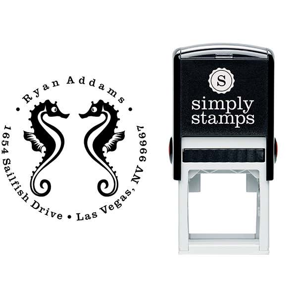 Round Twin Seahorse Silhouette Custom Address Stamp Body and Design