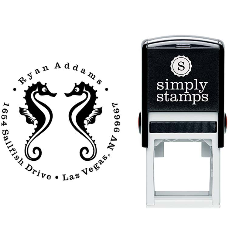 Round Twin Seahorse Silhouette Custom Address Stamp Body and Design