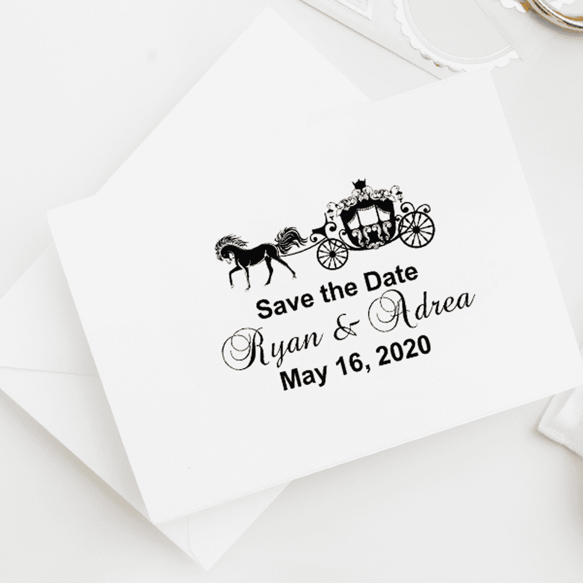 Fairytale Carriage Save The Date Rubber Stamp Imprint Example