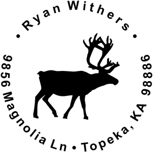 Holiday address stamp design featuring ‘Holiday Reindeer’ with personalized family name and address.