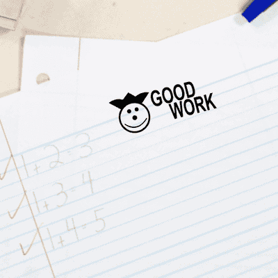 Feedback - GOOD WORK Smiley Face Hat Rubber Teacher Stamp - alternate view