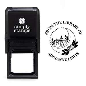 Front view of self-inking stamp body with library book stamp impression example