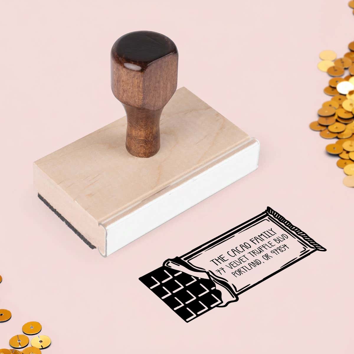 Chocolate Bar Return Address Stamp – wood handle stamp on Salt & Paper pink background
