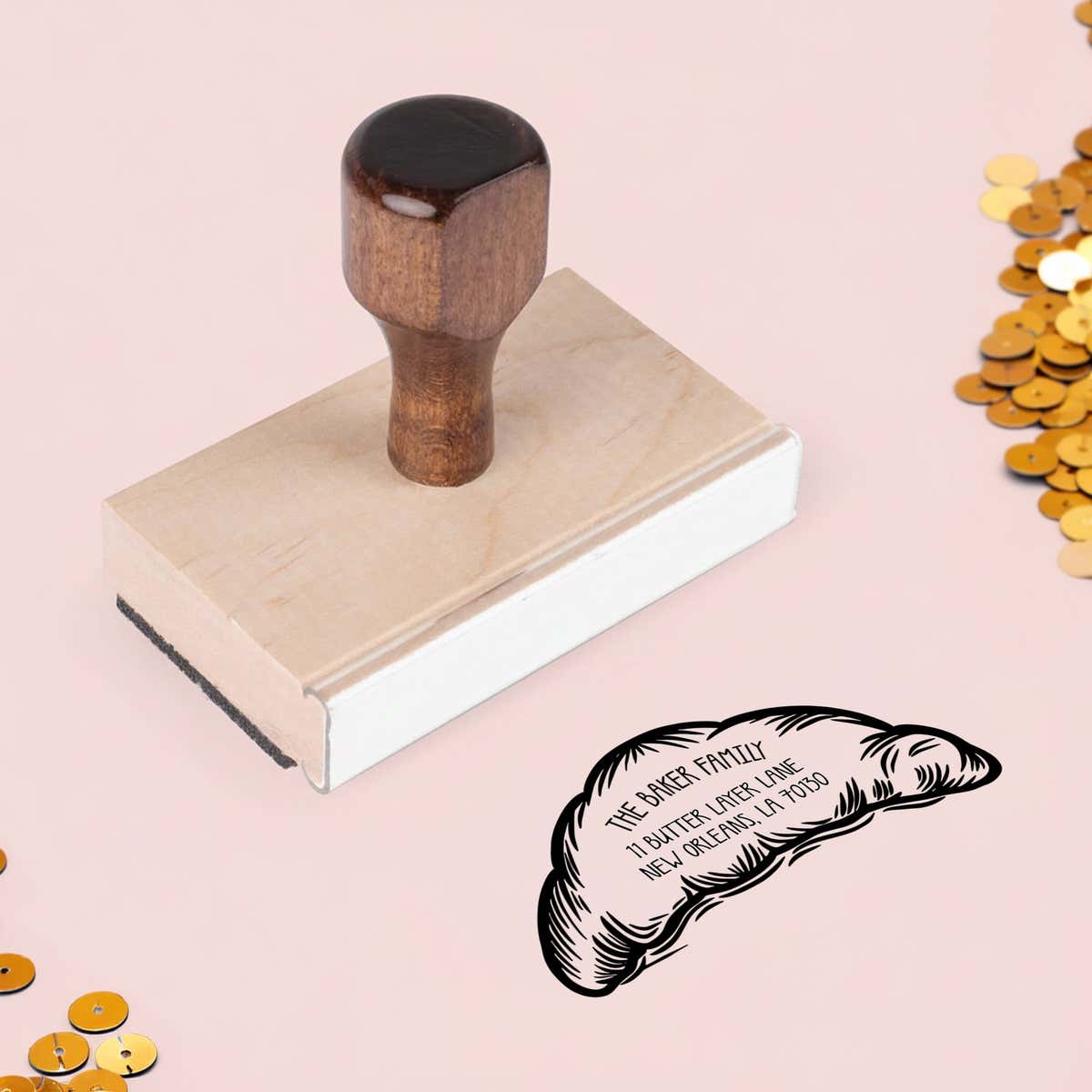 Croissant Return Address Stamp – wood handle stamp on Salt & Paper pink background