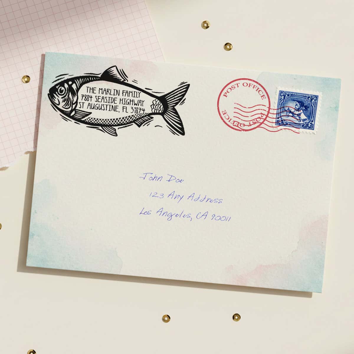 Coastal Fish Return Address Stamp – stamped impression lifestyle photo