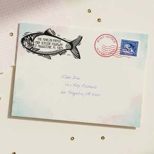 Coastal Fish Return Address Stamp – stamped impression lifestyle photo