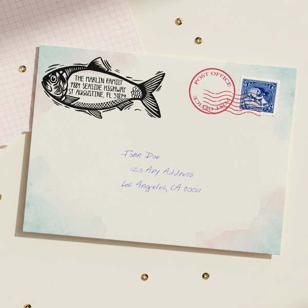 Coastal Fish Return Address Stamp – stamped impression lifestyle photo