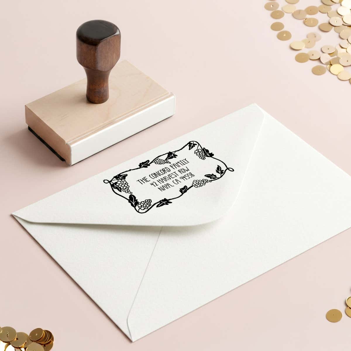 Grapevine Return Address Stamp – stamped impression lifestyle photo