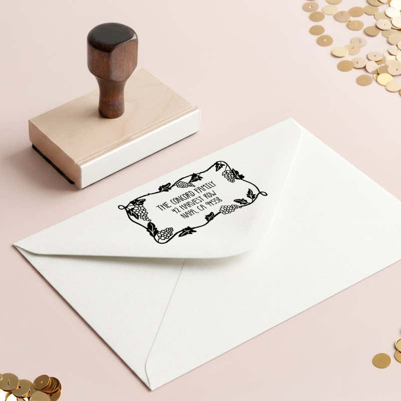 Grapevine Return Address Stamp – stamped impression lifestyle photo