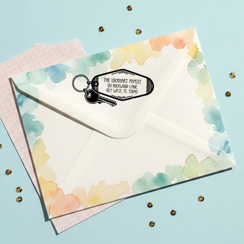 House Key Return Address Stamp – stamped impression lifestyle photo