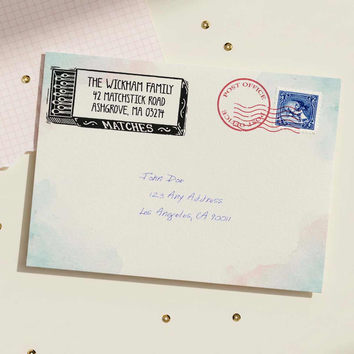Matchbox Return Address Stamp – stamped impression lifestyle photo