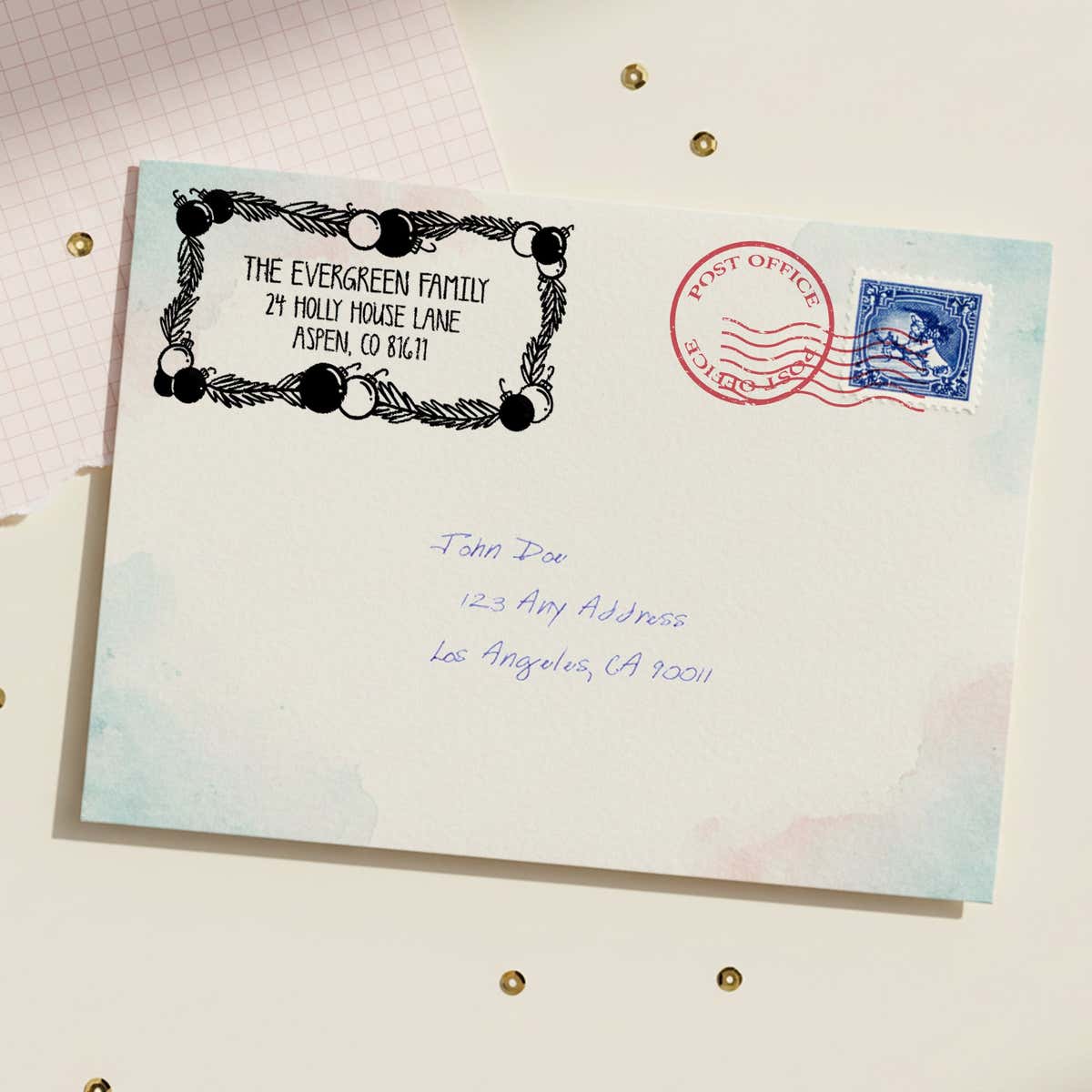 Ornament Garland Return Address Stamp – stamped impression lifestyle photo