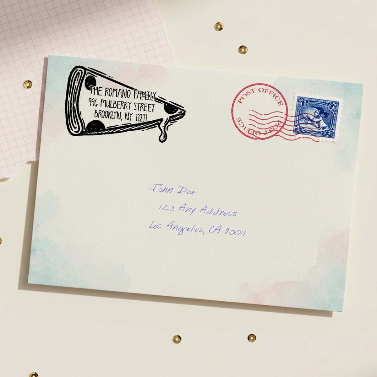 Pizza Slice Return Address Stamp – stamped impression lifestyle photo