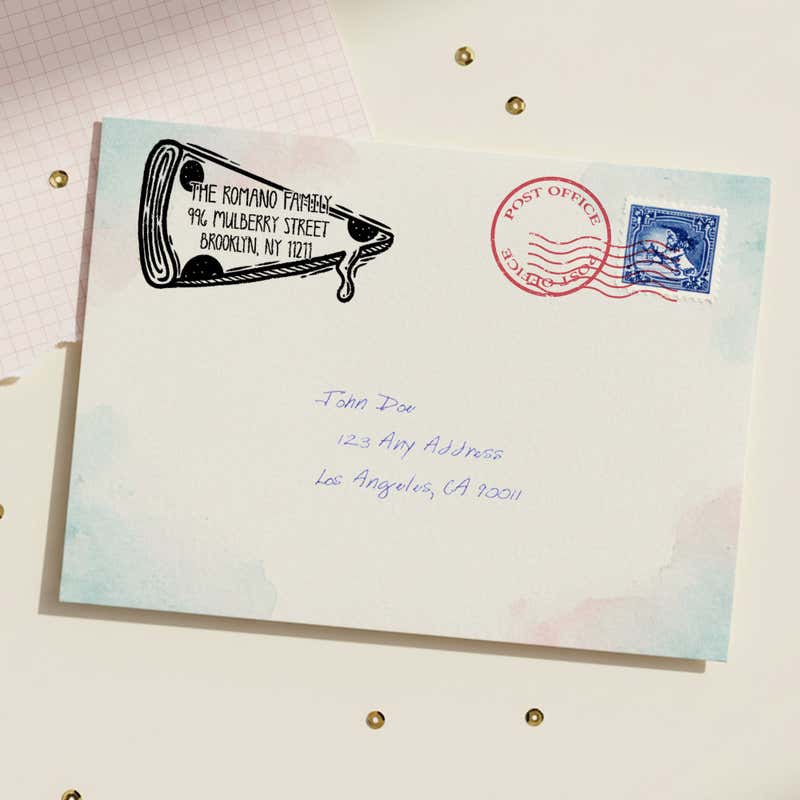 Pizza Slice Return Address Stamp – stamped impression lifestyle photo