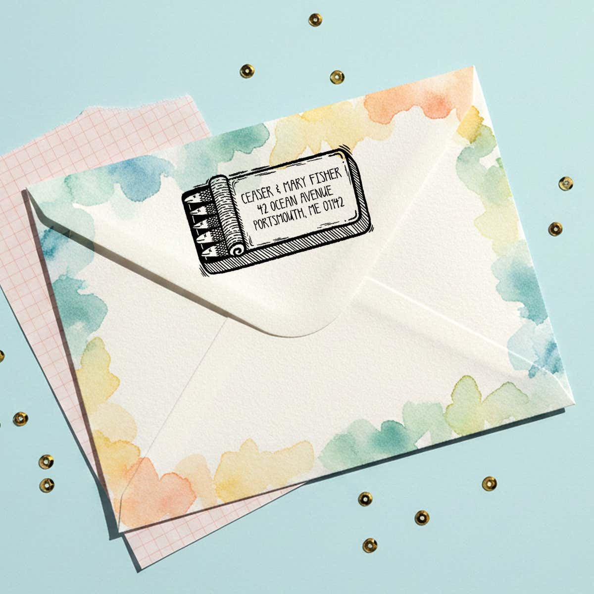 Sardine Tin Return Address Stamp – stamped impression lifestyle photo