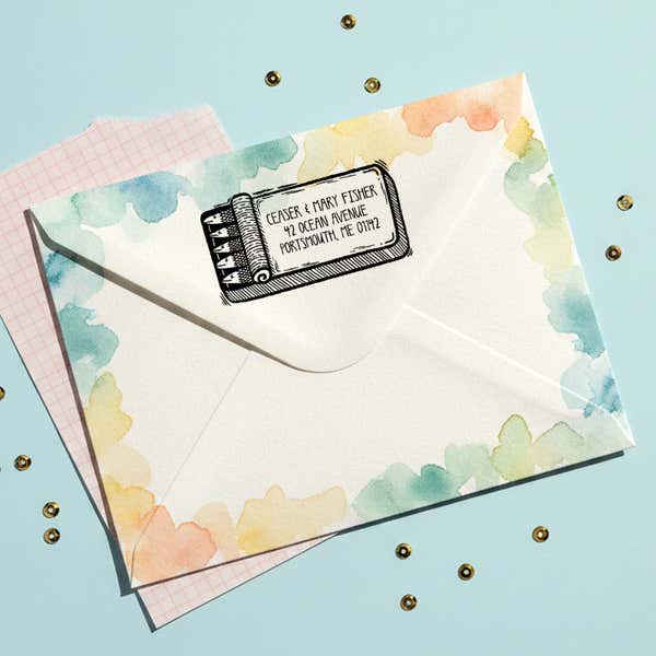 Sardine Tin Return Address Stamp – stamped impression lifestyle photo