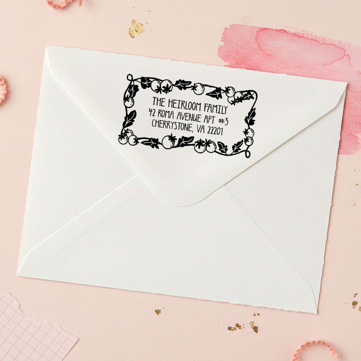 Tomato Vine Return Address Stamp – stamped impression lifestyle photo