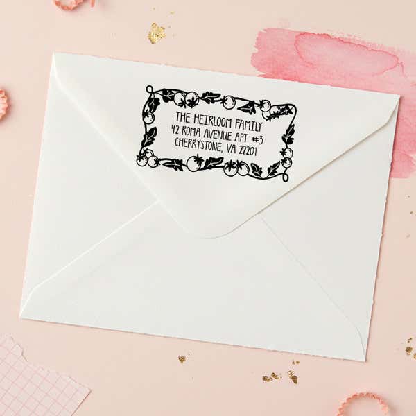 Tomato Vine Return Address Stamp – stamped impression lifestyle photo