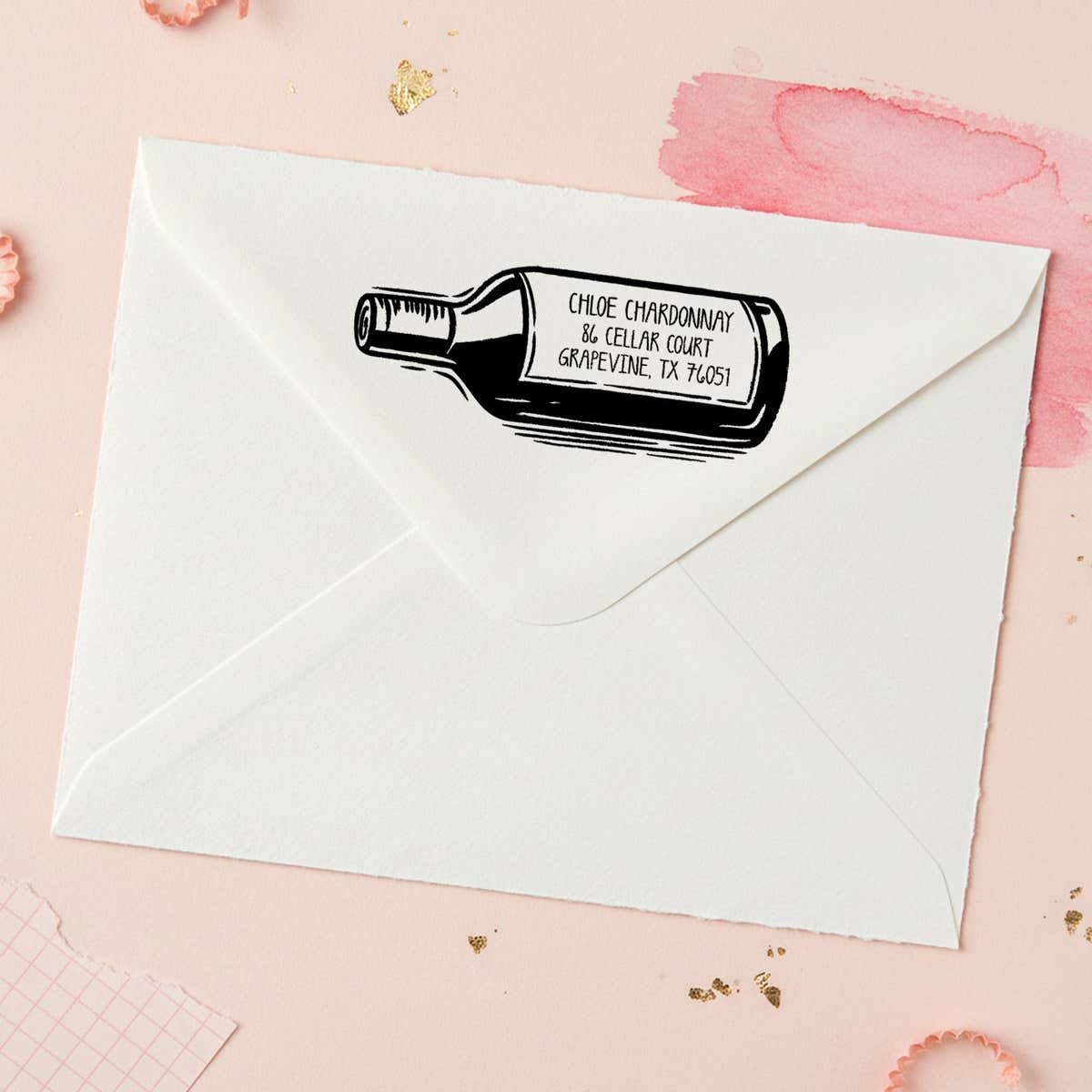 Wine Bottle Return Address Stamp – stamped impression lifestyle photo