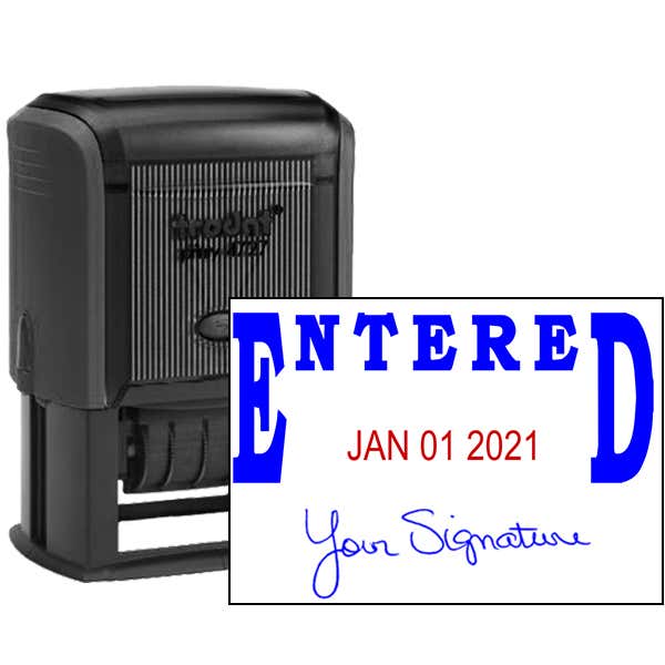 Entered Signature Date Rubber Stamp, Customizable with Date at Bottom, 1.5" x 2.25" Impression Size