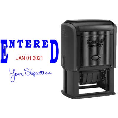 Entered Signature Date Rubber Stamp, Customizable with Date at Bottom, 1.5" x 2.25" Impression Size - alternate view