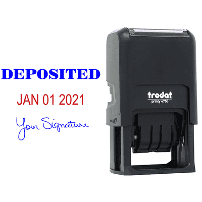 Deposited Signature Date Rubber Stamp, Customizable with Date at Bottom, 1.5" x 2.25" Impression Size - alternate view