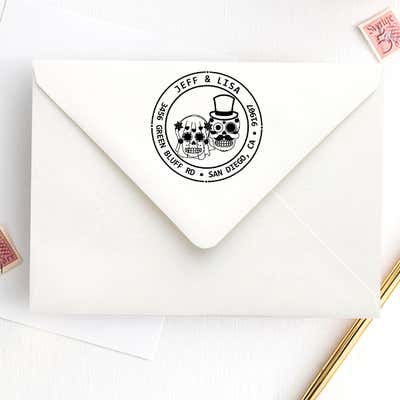 Sugar Skull Bride Groom Round Address Stamp - alternate view