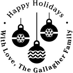 Holiday address stamp design featuring ‘Three Christmas Ornaments’ with personalized family name and address.