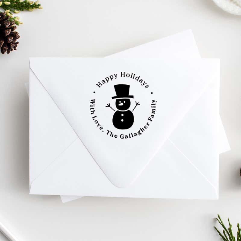 Snowman Hands Up Return Stamp Imprint Example