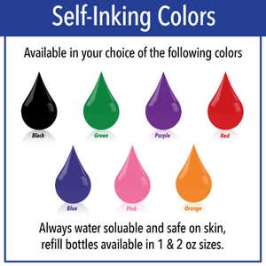 Self-Inking available color options: Black, green, purple, red, blue, pink, and orange. 